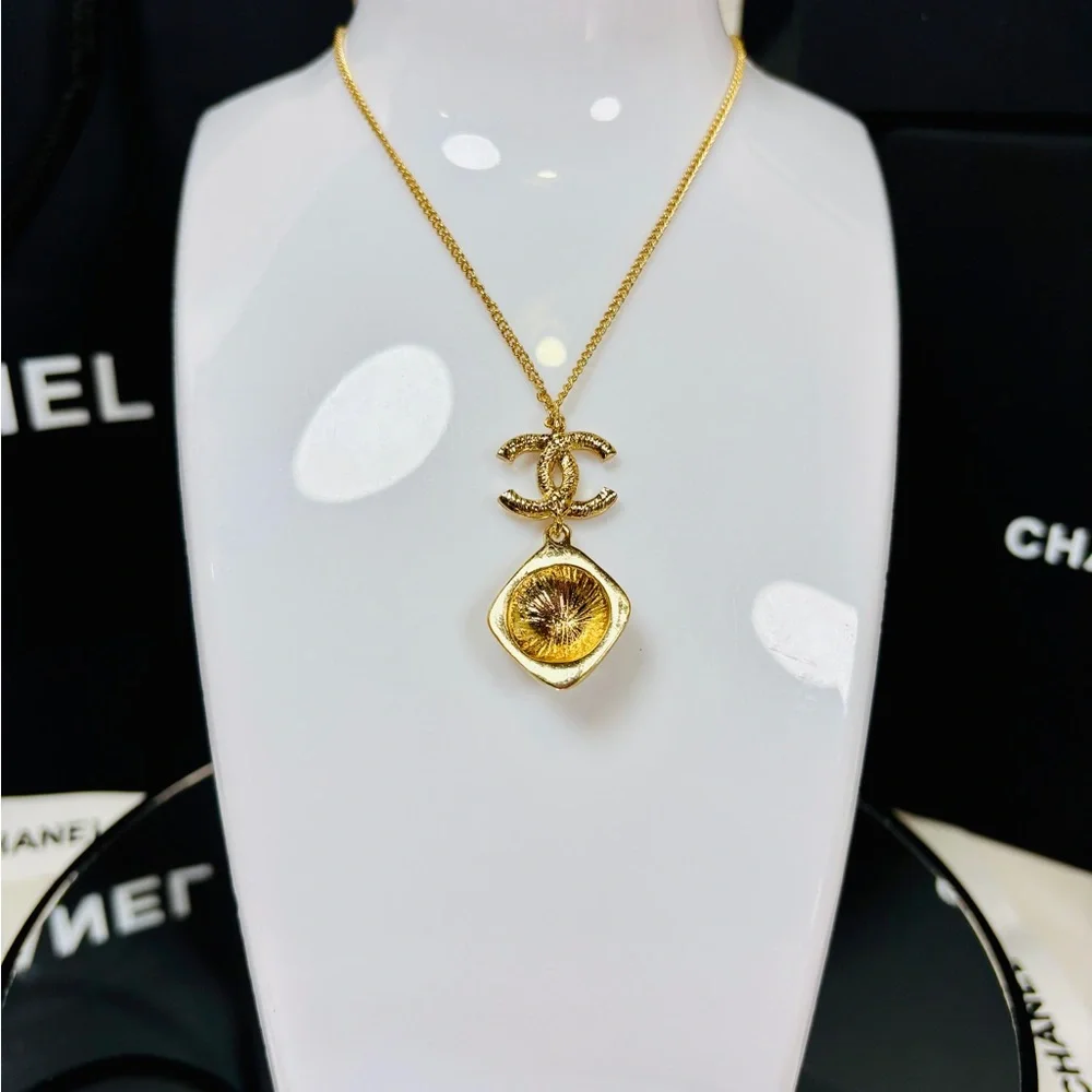 A-1FN-9: NECKLACE: Gold-Tone Monogram w/Rhinestone Pendant, NWOT